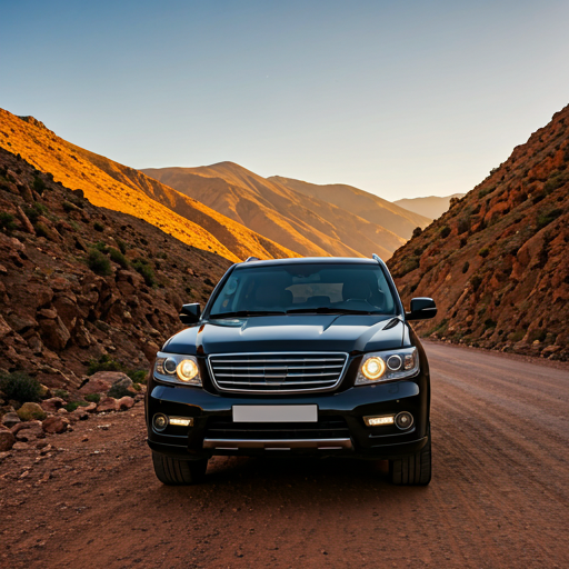 Luxury black SUV in scenic Atlas Mountains at golden hour