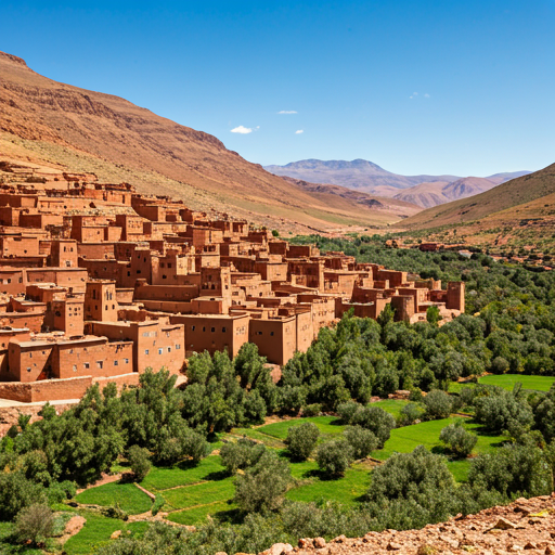 Traditional Berber village nestled in the lush Atlas Mountains valley