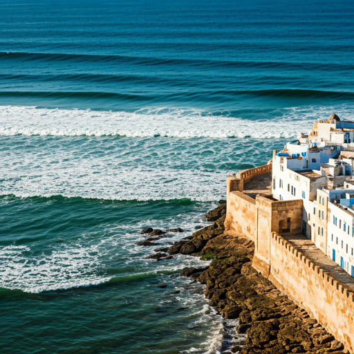 Aerial view of Essaouira coastal city with Atlantic waves