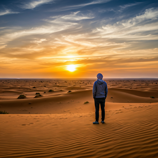 Dramatic wide shot of sunset horizon over the Sahara desert
